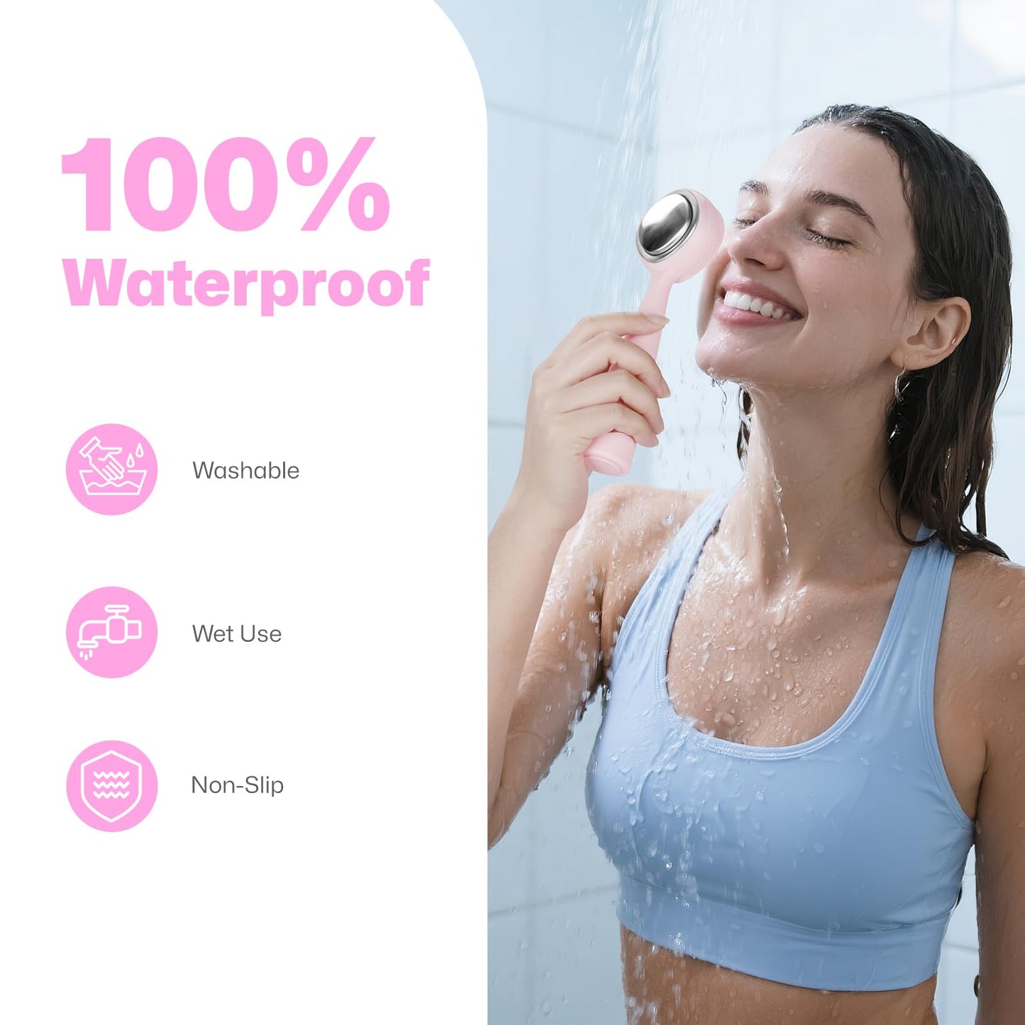 PRITECH Facial Cleansing Brush with Vibrating, Rechargeable Silicone Face Scrubber for Deep Pore Cleaning, Exfoliator & Waterproof Face Brush with Heat End for for Women and Men (Pink)
