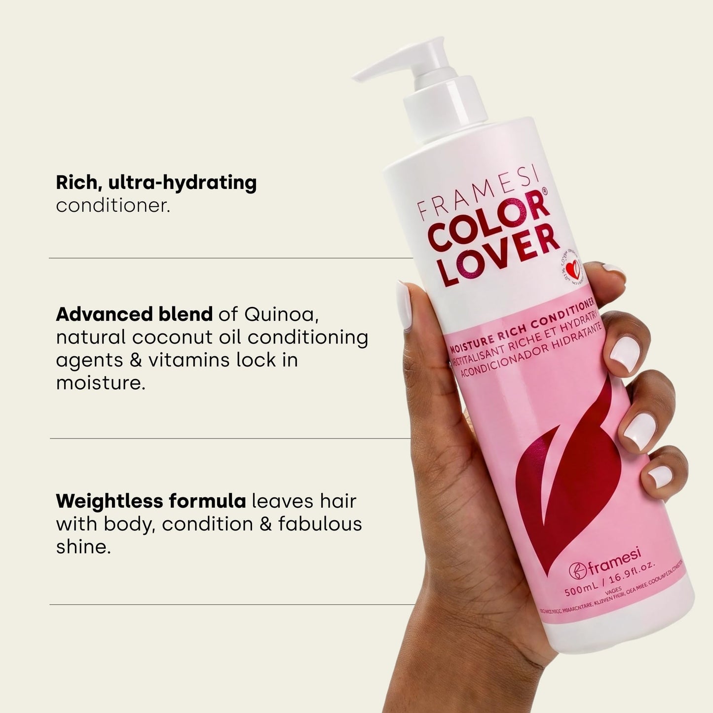 Framesi Color Lover Moisture Rich Conditioner - Hydrating Conditioner for Color Treated Hair - Sulfate Free Conditioner for Dry Hair - Moisturizing Conditioner with Quinoa + Coconut Oil (33.8 Fl Oz)