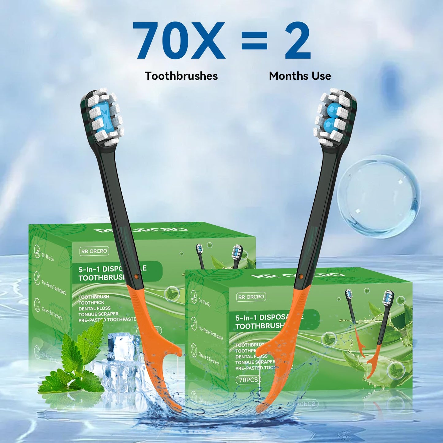 70Pack Disposable Toothbrushes with Toothpaste + Pick + Floss + Tongue Scraper 5-in-4 Mini Prepasted Travel Toothbrush for Hotel Camping Flight Car Single Use Portable Individually Wrapped | Mint