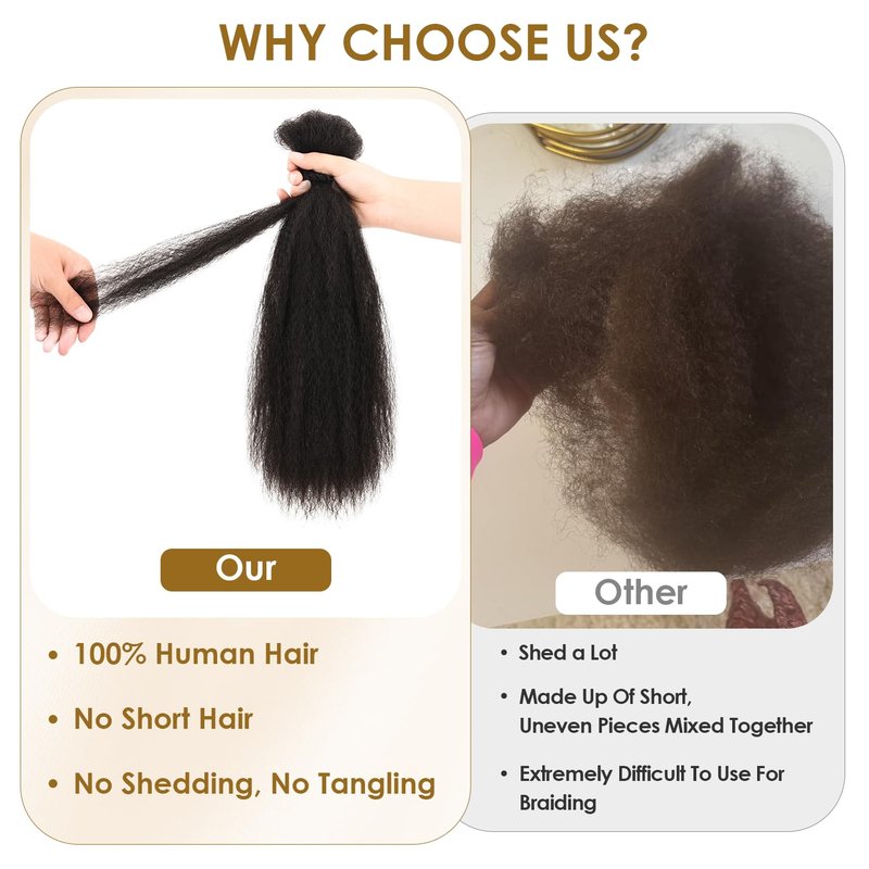 Braiding Hair Pre Stretched Afro Kinkys Bulk Human Hair Kinky Straight Bulk Human Braiding Hair For Braids, Dreadlocks, Loc Repair, Soft Texture (12Inch, 50g/Pack)