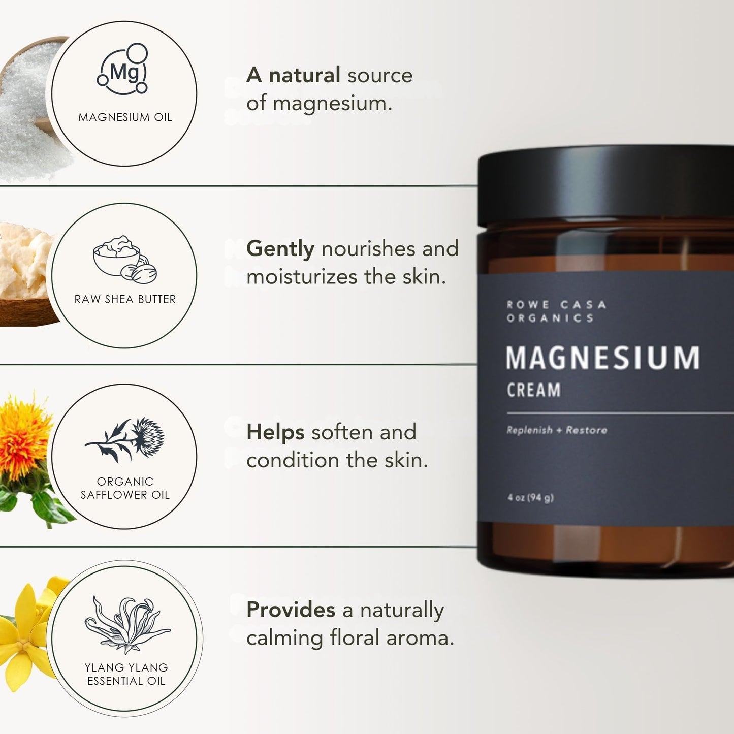 Rowe Casa Organics Natural Magnesium Cream with Raw Shea Butter and Pure Essential Oils – Hydrating & Nourishing Topical Magnesium Body Lotion for Skin Conditioning – 4 Fl Oz