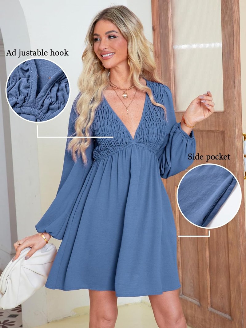 BerryGo Women's Casual V-Neck Babydoll Dress - Flowy Mini Dress with Pockets for Summer Beach 2025
