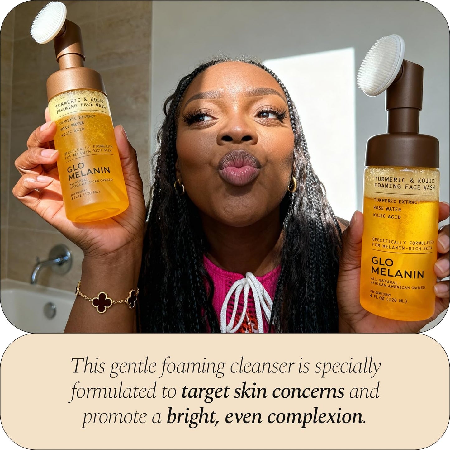 Glo Melanin Foaming Face Wash | Brightening Cleanser with Turmeric, Rose Water & Aloe - 4 fl oz, Paraben-Free