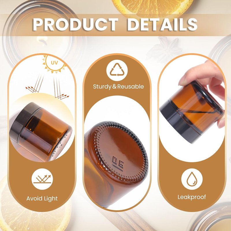 Amber Glass Jars - 2oz Cosmetic Containers with Lids & Labels | 24 Pack for Creams, Lotions, Body Butter