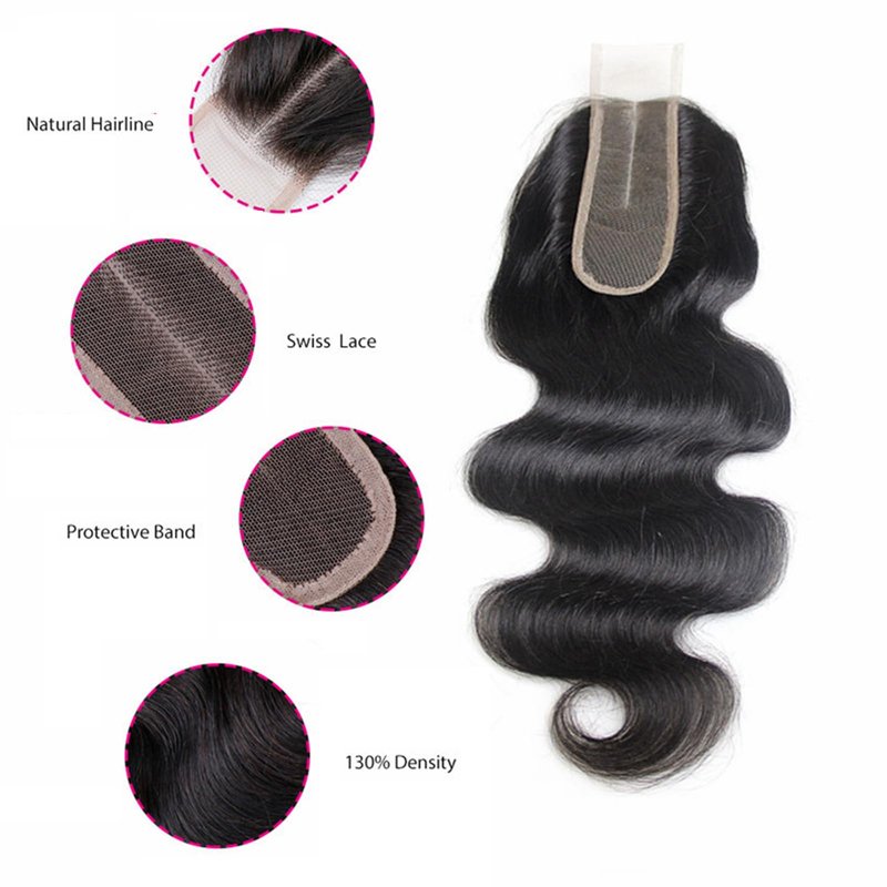 2x6 Hd Lace Closure Body Wave Brazilian Human Hair Skin-Like Invisible Lace Frontal Remy Virgin Hair Extensions Pre Plucked Hairline Single Smal Knots 130% Density Weave 16 Inch