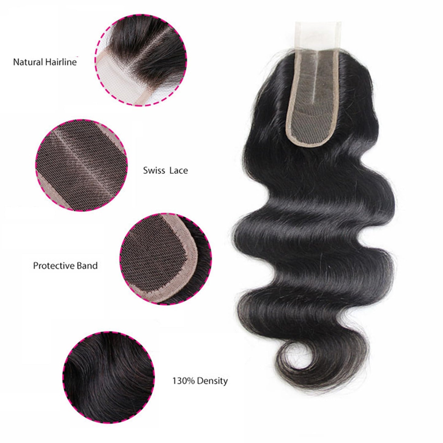 2x6 Hd Lace Closure Body Wave Brazilian Human Hair Skin-Like Invisible Lace Frontal Remy Virgin Hair Extensions Pre Plucked Hairline Single Smal Knots 130% Density Weave 18 Inch