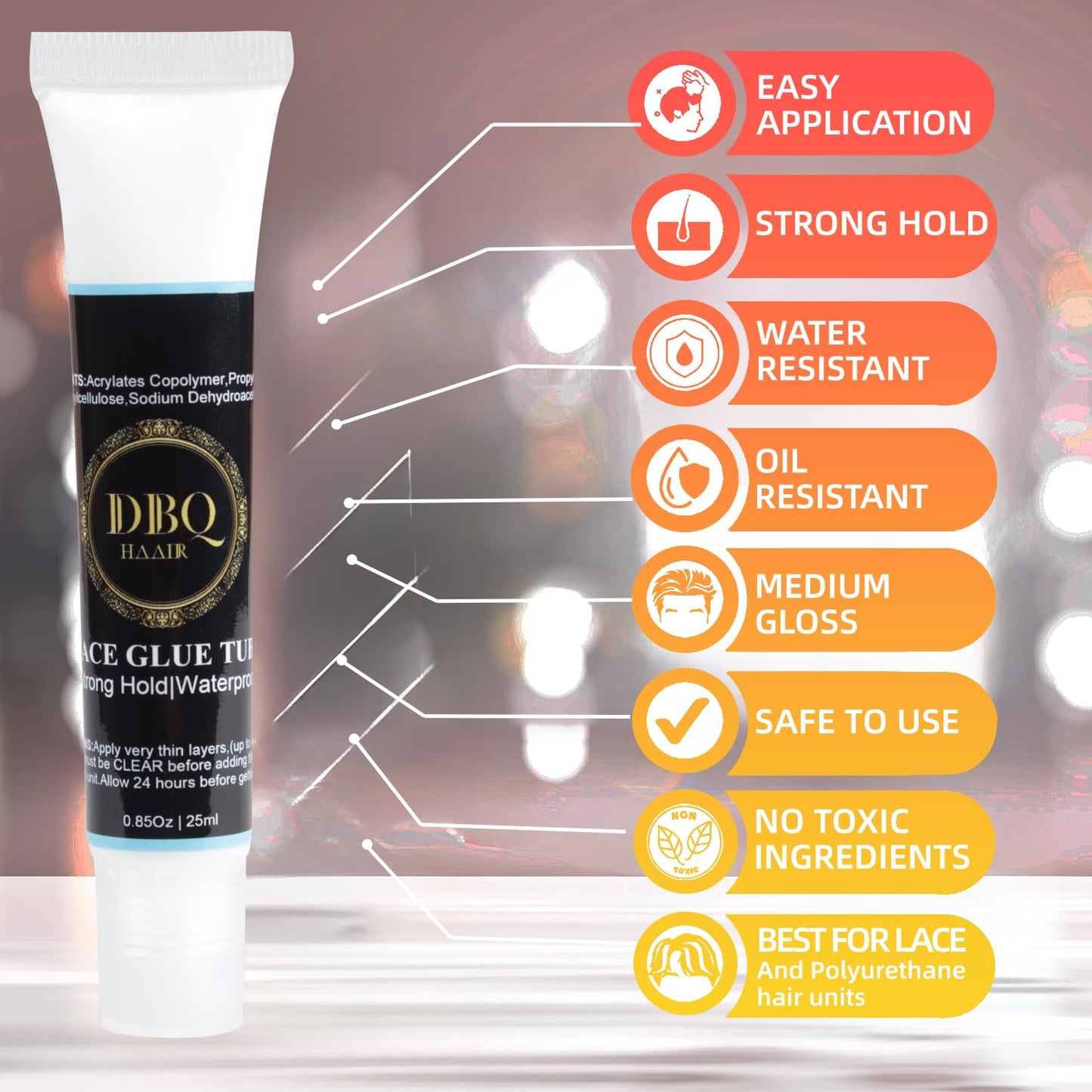 DBQ HaAIR 5OZ Big Bottle Waterproof Lace Glue for Wigs Strong Hold Glue for Wigs and Hair Systems - Invisible Bonding - Formulated for Oily Skin - Non Toxic - Water- Resistant-150ML