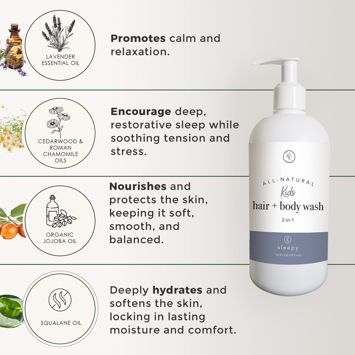 Rowe Casa Organics 2-in-1 Kids Hair & Body Wash with Therapeutic Essential Oils – Sleepy Kids Shampoo & Body Wash with Floral, Relaxing & Calming scent – 16 Fl. Oz