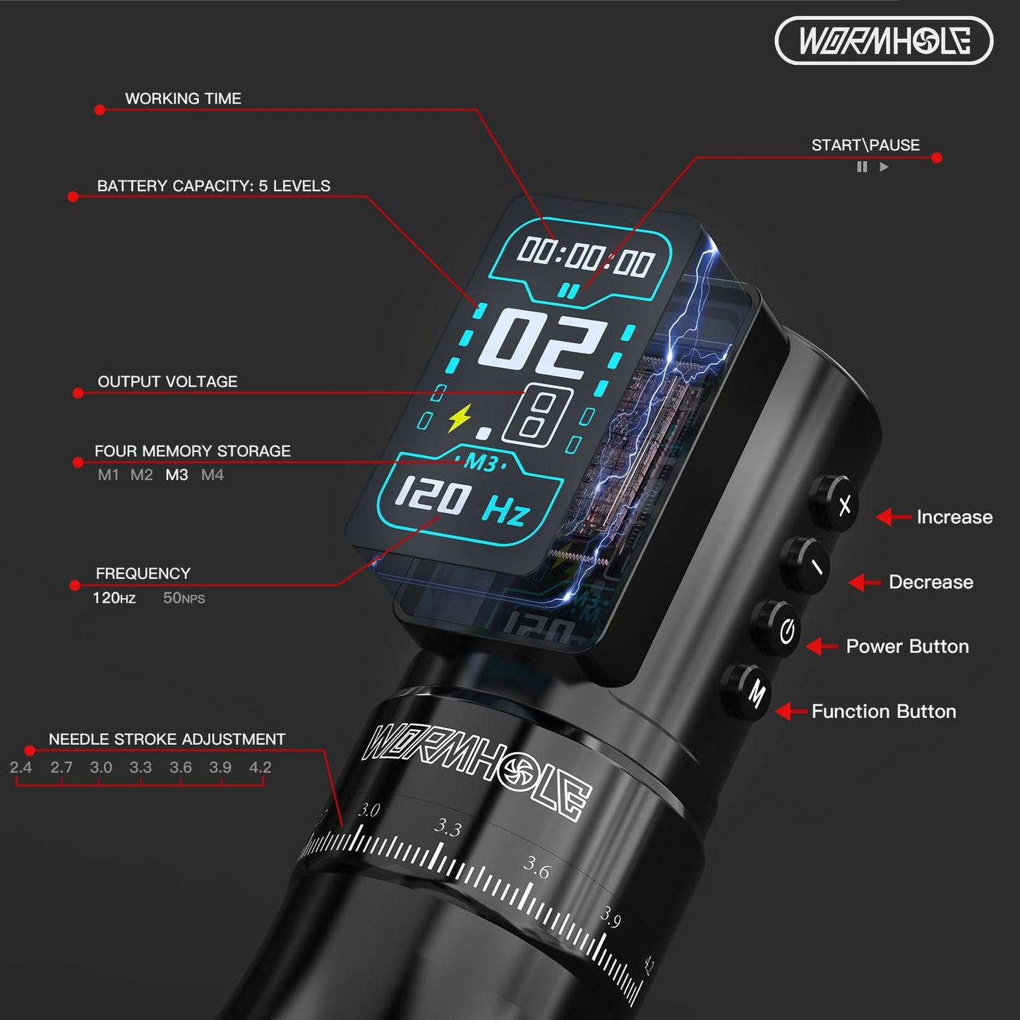 Wormhole 2300mAh Battery and 7 Adjustable Stroke Tattoo Gun for Artists, Aluminum Alloy Wireless Tattoo Machine, Lightweight Compact Rotary Tattoo Pen Powerful Motor Precision Professional - Black