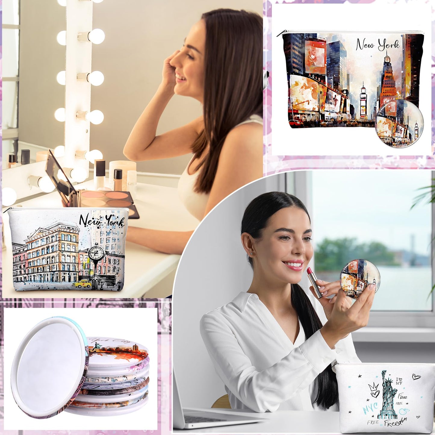 Bulyoou 18 Set New York Souvenirs Gifts Bulk City Cosmetic Bag Nyc Makeup Mirrors Souvenirs from USA Women New York Makeup Bag Birthday Party Favors Trip Journey Gifts for Friend Sisters
