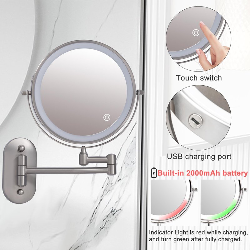 Rechargeable Wall Mounted Lighted Makeup Vanity Mirror with 10X/1X Magnification For Shaving, 8Inch Brushed Nickel Magnifying Mirror Makeup Wall Mounted with Light,13 Inch Extendable (8CB-N10X)