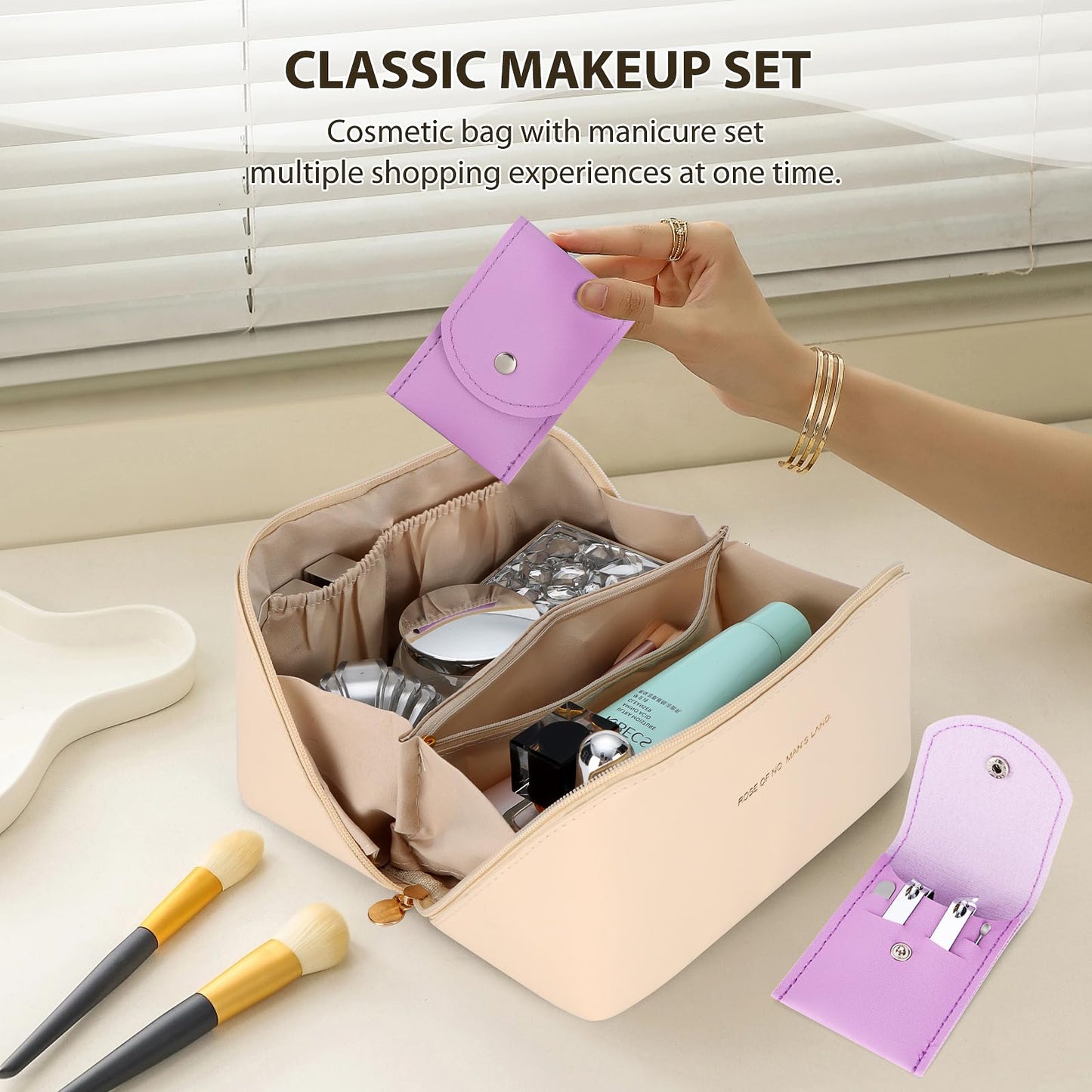 Houldhowd Makeup bag, Large capacity travel toiletry bag, Waterproof Portable Cosmetic Bag, travel makeup bag, With Nail Art Kit Set, Best Choice for Makeup Experts. (off white style)
