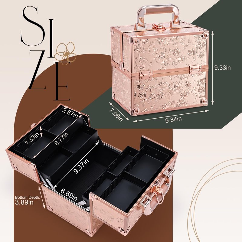 FRENESSA Makeup Train Case Cosmetic Box Portable Makeup Case Organizer 4 Trays Lock Travel Storage Organizer with Dividers Make Up Artist Vanity Hard Nail Spa Beauty Box Rose Gold Floral