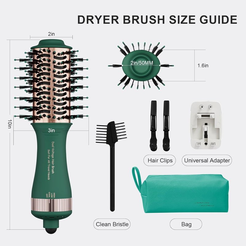 Dual Voltage Travel Hair Dryer Brush - Mini Hot Air Styling Tool, 2-Inch Oval Design | Lightweight & Universal Plug