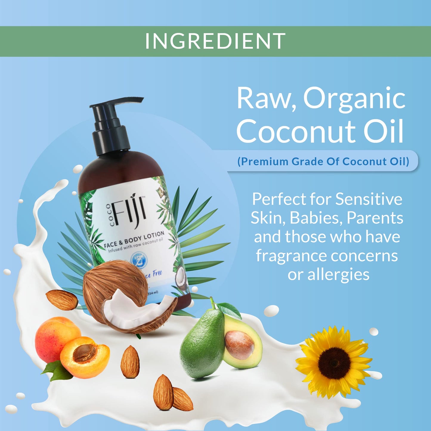 Coco Fiji Face & Body Lotion Infused With Coconut Oil | Lotion for Dry Skin | Moisturizer Face Cream & Massage Lotion for Women & Men | Fragrance Free 12 oz, Pack of 1