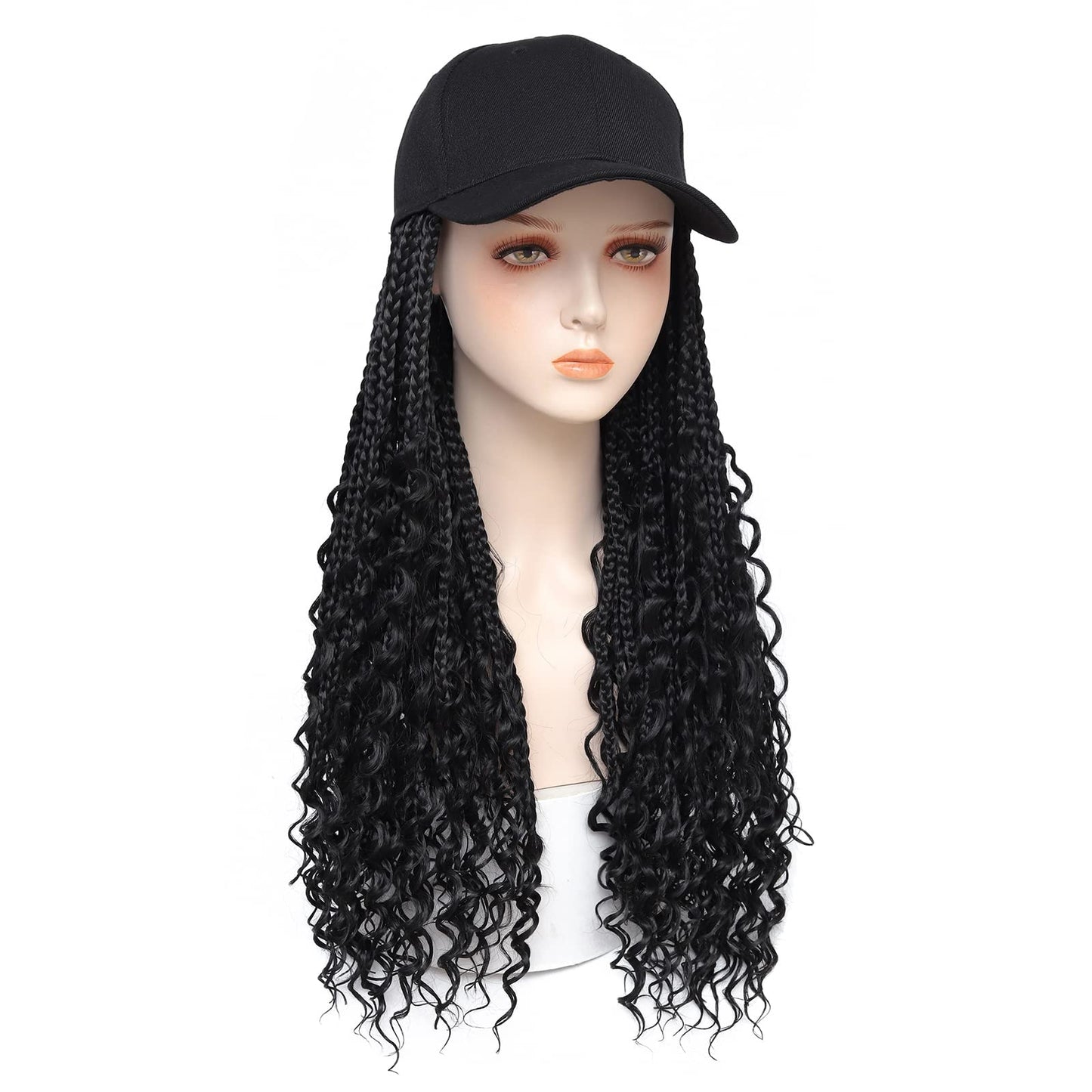 GUOJIAN Goddess Box Braiding Baseball Cap Wig, Black Bohemian Curly Ends Box Braids Hat with Braided Hair Extensions for Black White Women, Synthetic Braids Hat Wig with Hair Attached