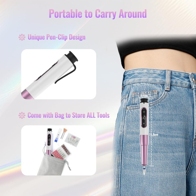 Denabuty Nail Drill Cordless, Electric Nail File 12 in 1 with LED Display, Nail Drill Machine Professional Portable Rechargeable E File for Gel Acrylic Manicure Pedicure Set with 5 Speeds Golden
