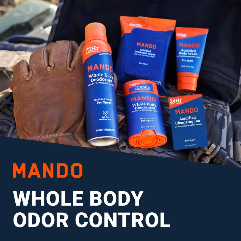 Mando Whole Body Starter Kit - 2.6oz Solid Stick, 3.6oz Spray, 1.5oz Acidified Body Wash, 5oz Acidified Cleansing Bar, 15ct Deodorant Wipes - Aluminum Free Odor Control - 5 Piece Bundle (Pro Sport)