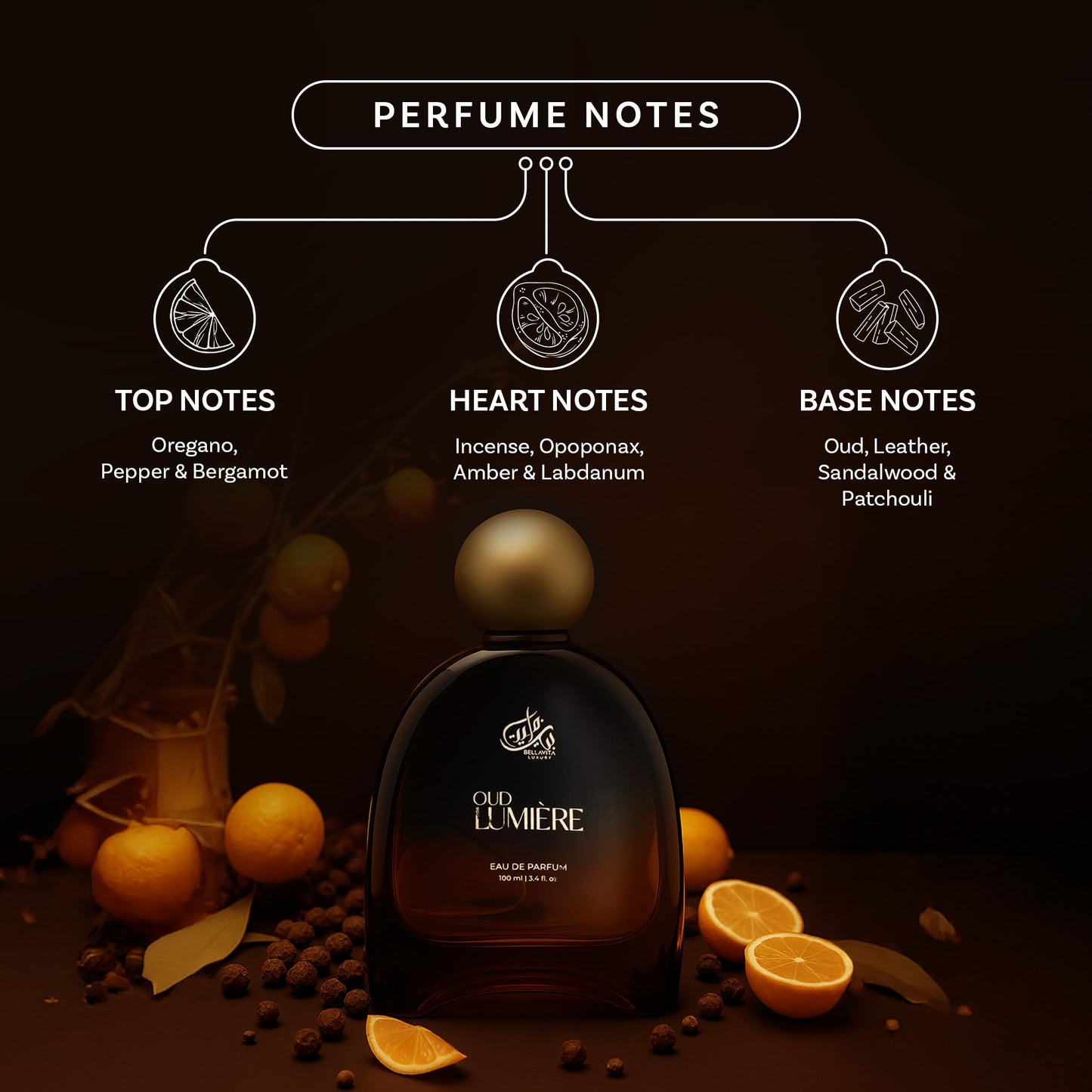 Bella Vita Luxury OUD LUMIÈRE Unisex Fragrance | EDP Perfume for Men and Women | Wood Top Note | 100 ml pack | 3.4 Fl. Oz. | Woody and Amber notes | Gift for Men and Women | Eau de Parfum