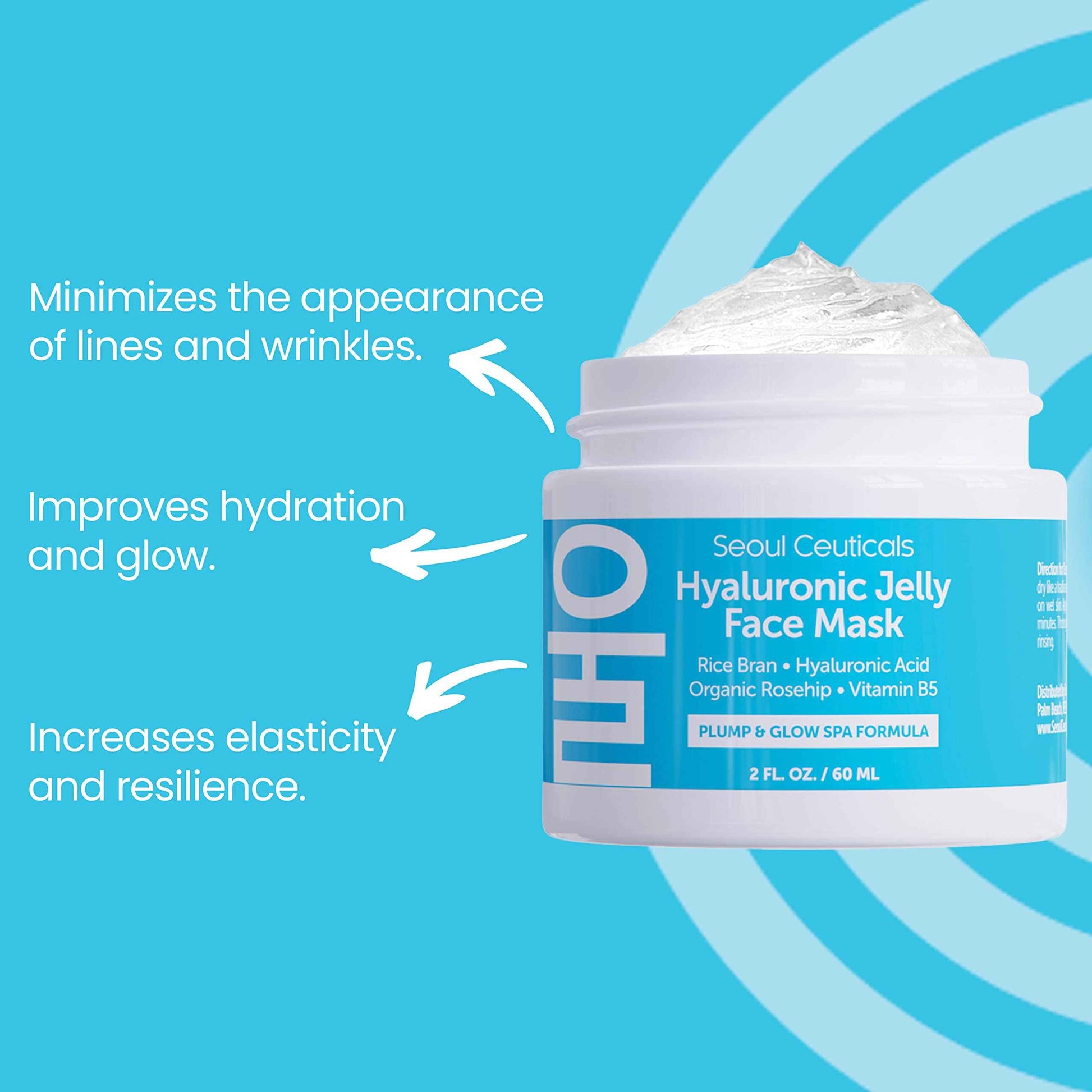 SeoulCeuticals Korean Skin Care Hyaluronic Acid Jelly Face Mask – Rice Bran + Vit B5 + Rosehip Anti Aging K Beauty Skincare for Plump Glowing Skin 2oz