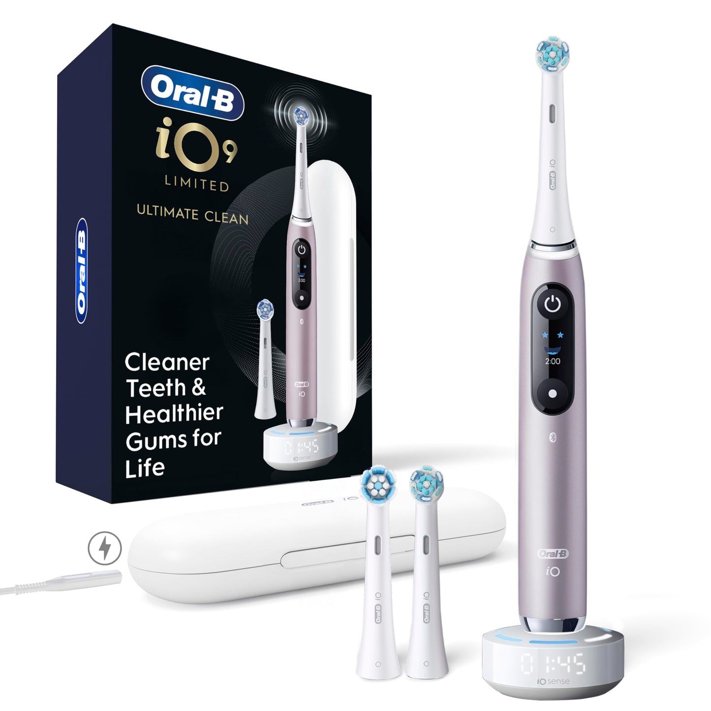 Oral-B Rechargeable Electric Toothbrush, iO9 Limited Ultimate Clean, 7 Cleaning Modes, Interactive Display, iSense Charger, Charging Travel Case, Visible Pressure Sensor, 3 Brush Heads, Rose Quartz