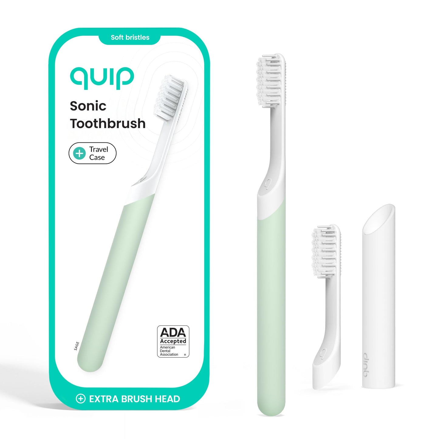 Quip Sonic Electric Toothbrush for Adults with Timer - Includes Travel Case & Replacement Brush Head - 3 Month Battery Life, Plastic Handle - Sage