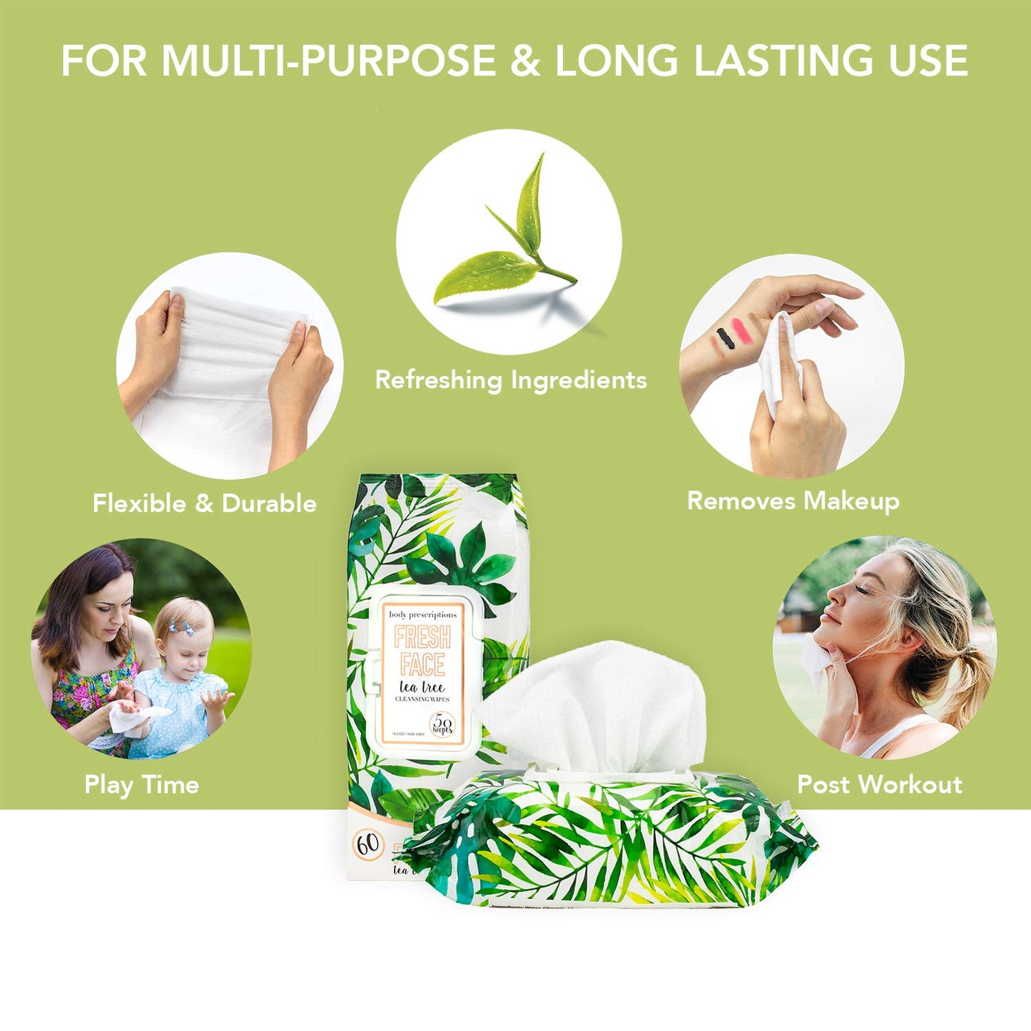 Body Prescriptions Tea Tree Facial Wipes, Moisturizing, Deep Cleansing Face Towelettes, Refreshing + Nourishing, Gentle Cleansing Cloths, 50 Count (Pack of 1), Tea-Tree