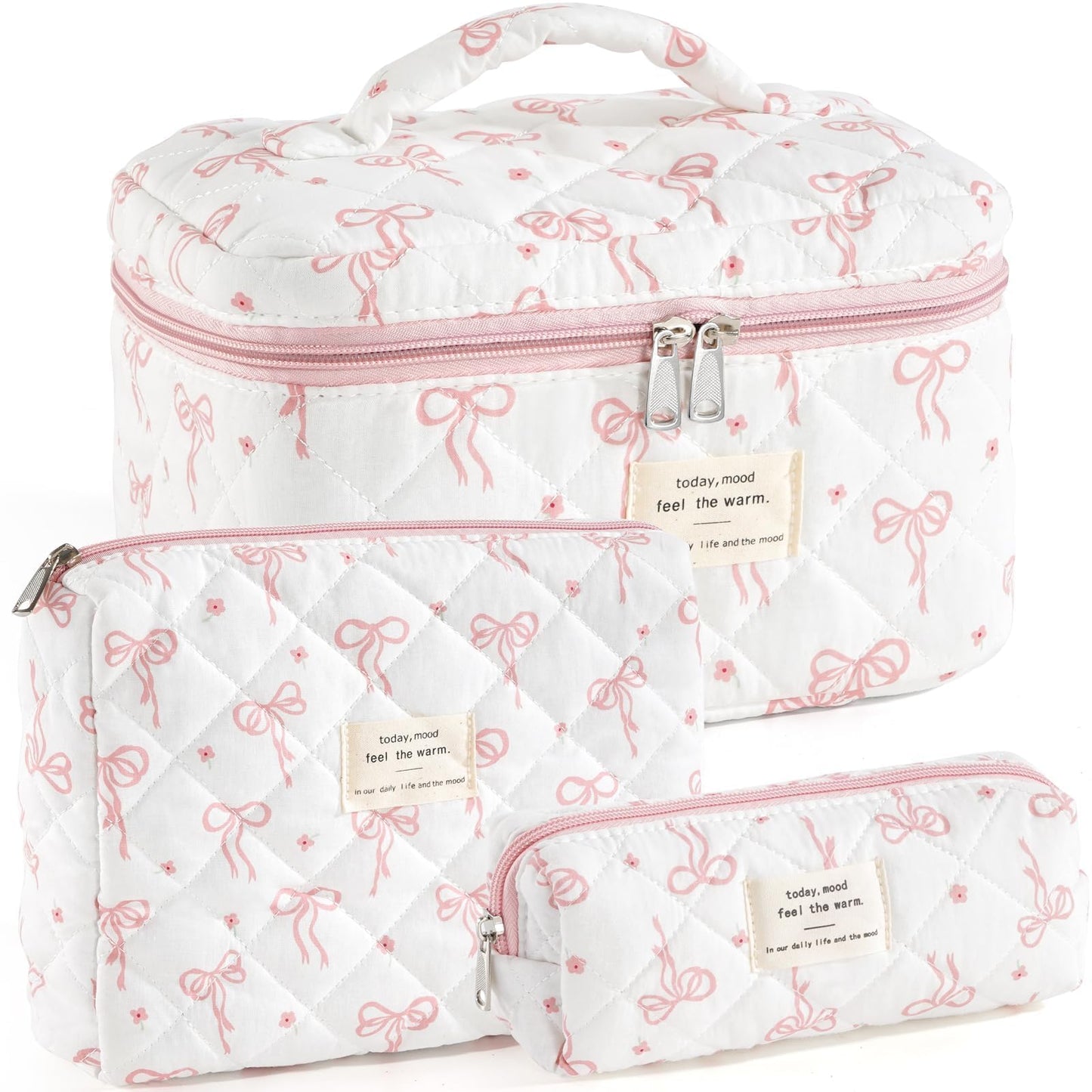 UUYUUY Makeup Bag for Women 3PCS Quilted Cotton Make Up Bag Travel Cosmetic Bag Large Makeup Bag Set Cute Bow Organizer Floral Toiletry Pouch for Purse, Bow B