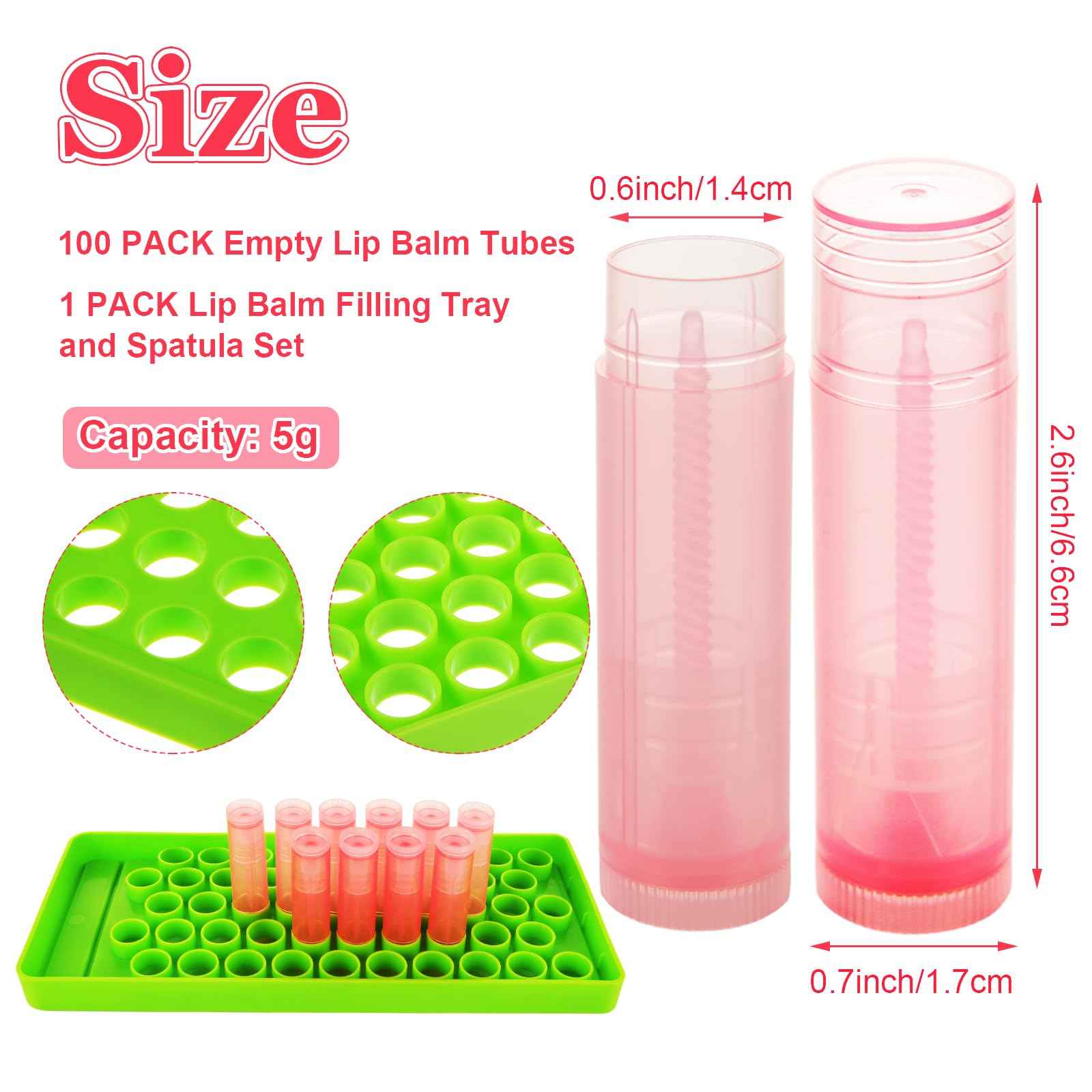 LANIAKEA 100PCS Lip Balm Tubes with Filling Tray and Spatula Set, Clear Containers with Pink Caps, Empty Chapstick Tubes Bulk for DIY Lipstick Homemade 3/16 Oz (5.5 ml)