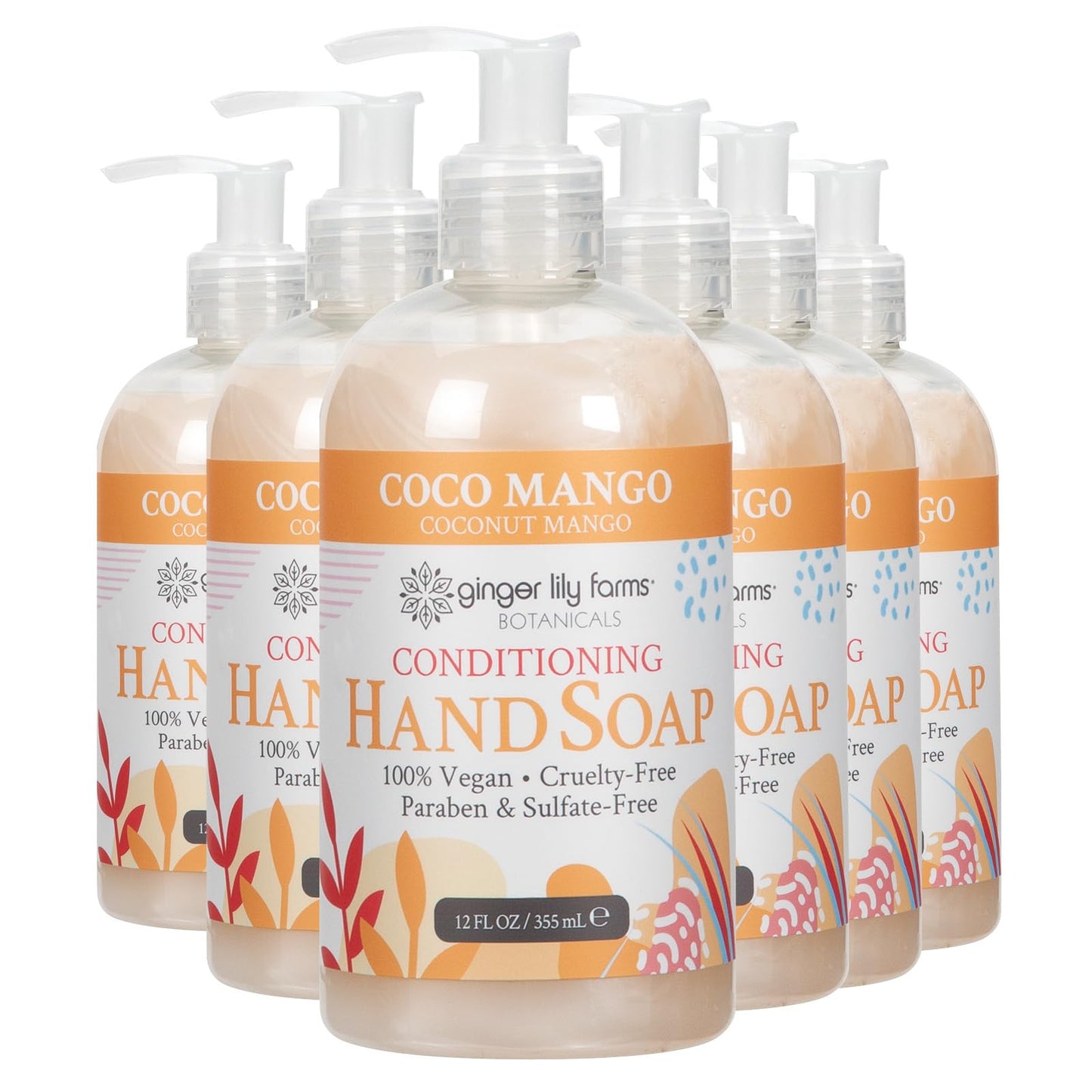 Ginger Lily Farms Botanicals Conditioning Liquid Hand Soap, Coco Mango, 100% Vegan & Cruelty-Free, Coconut Mango Scent, 12 Fl Oz (Pack of 6)