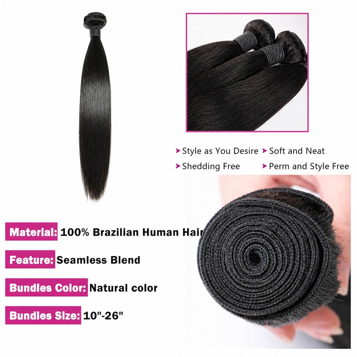 ManeMajesty 12A Straight Human Hair Bundles 3 Pcs 8 10 12 Inch 100% Human Hair Extension Unprocessed Brazilian Virgin Human Hair Quick Weave Straight Bundles Human Hair Natural Color for Black Women