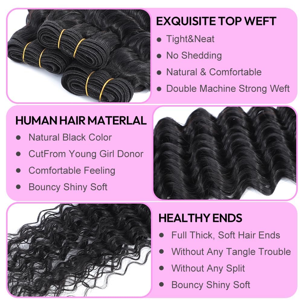 Deep Wave Human Hair Bundles 16 Inch Deep Wave Bundles 100% Unprocessed Brazilian Virgin Hair 1 Bundles Curly Bundles Hair Extensions Real Human Hair Wavy Quick Weave Bundles Natural Black