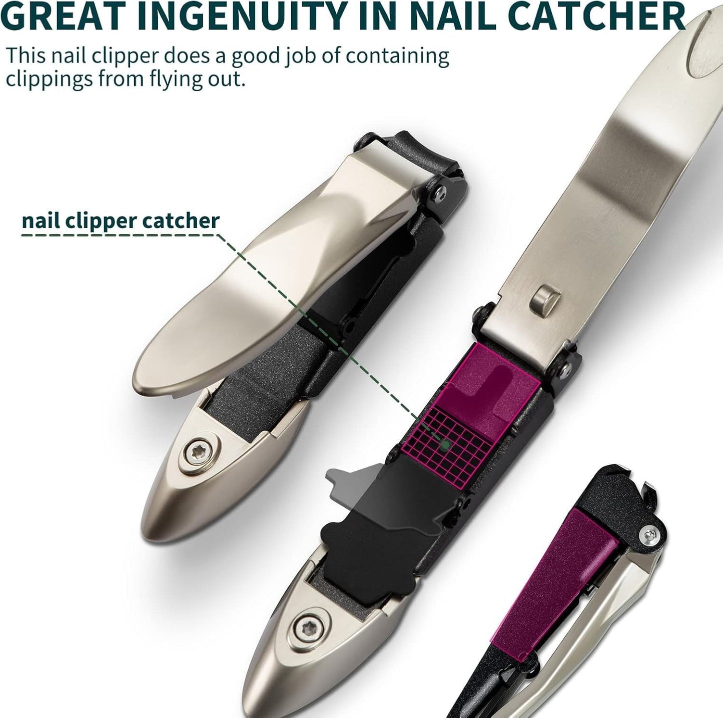 BesPick Premium Quality Large Sharp Heavy Duty biomimetic Stainless Steel Anti-Splash Self-Collecting Anti Splash Nail Clippers Set with Catcher and Nano Glass Nail File (Champagne, 2 Pieces Set)