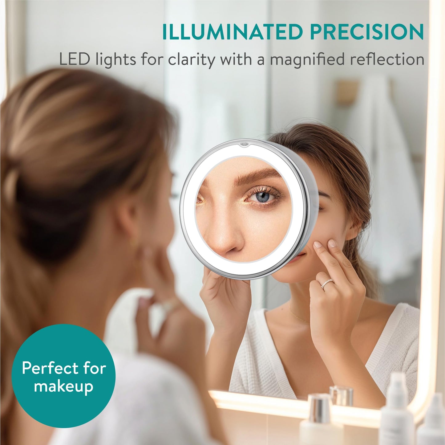 Navaris LED Magnifying Mirror with Lights - Powerful 10x Magnification for Makeup - Illuminated and Magnified Make Up Mirror with Light and Secure Suction Cup for Easy Attachment