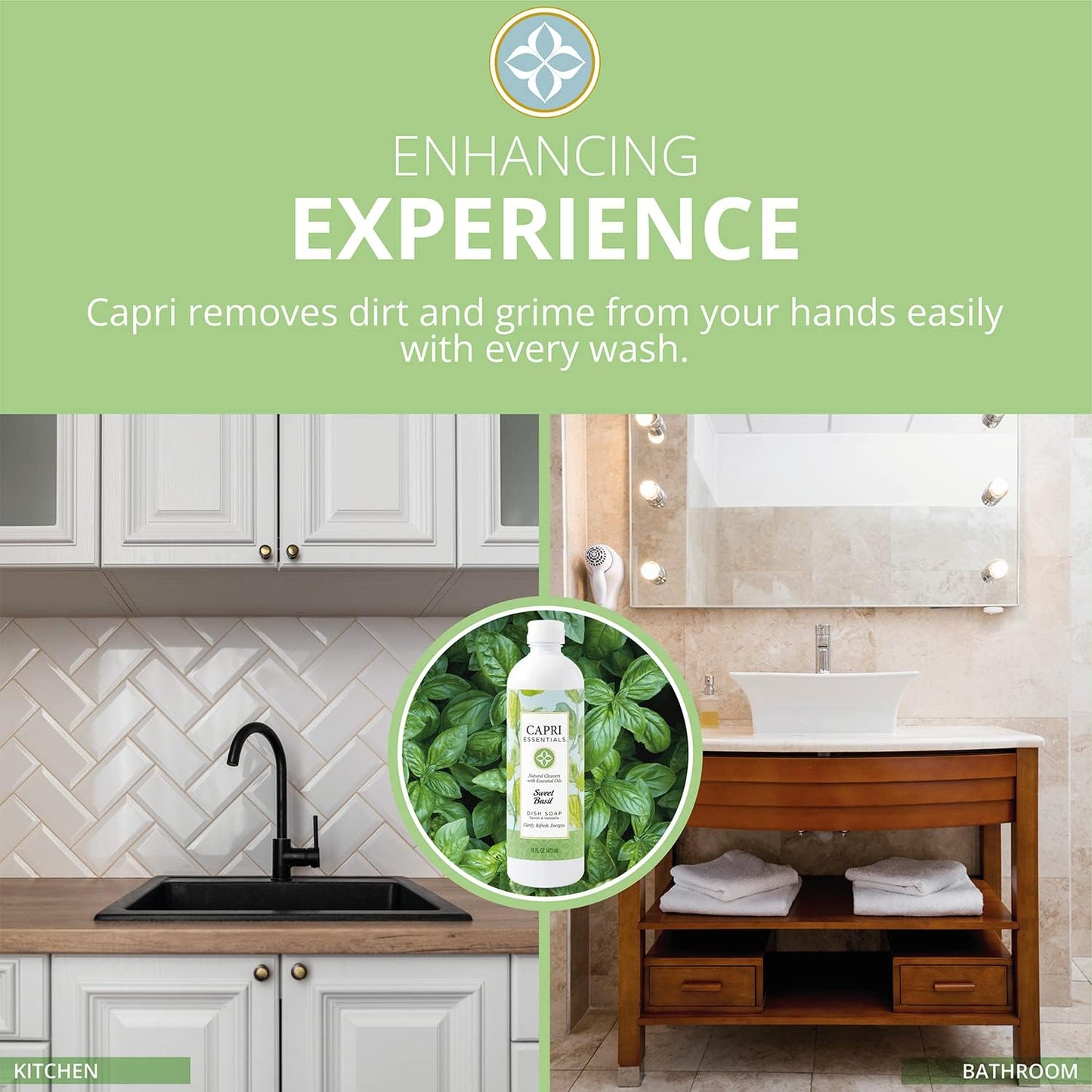 Capri Essentials Hand Soap Liquid, Natural Household Cleaning Supplies, Gentle Plant Based Aromatic Hand Wash with a Blend of Essential Oils, Removes Dirt & Grime, Sweet Basil Scent, 16 FL Oz (6 Pack)