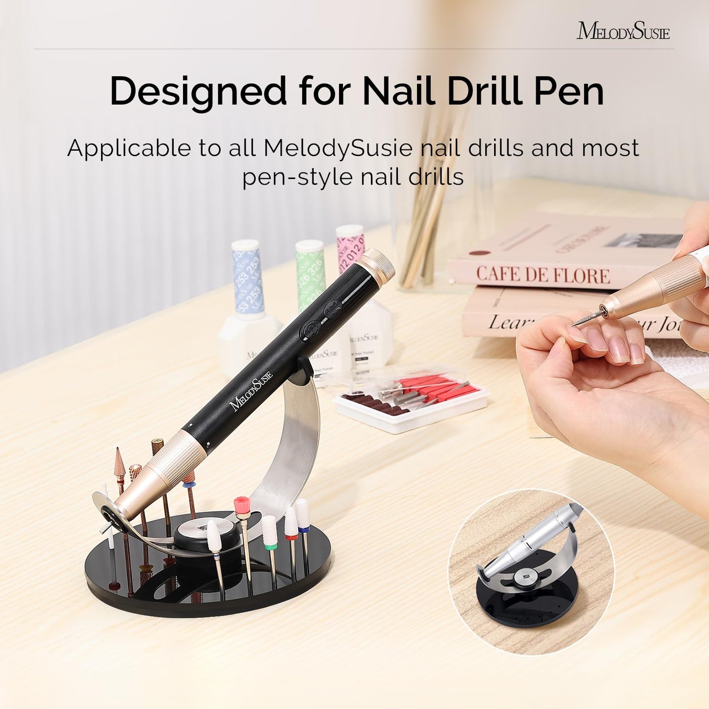 MelodySusie Pen Nail Drill Holder with 10 Drill Bits Holes,Stable Acrylic Base Stand for Most Pen-shaped Electric Nail File,Especially for PC120I,PC120B,PC180G,PC180F,PC180E,PM170F,PM180G,SM220G