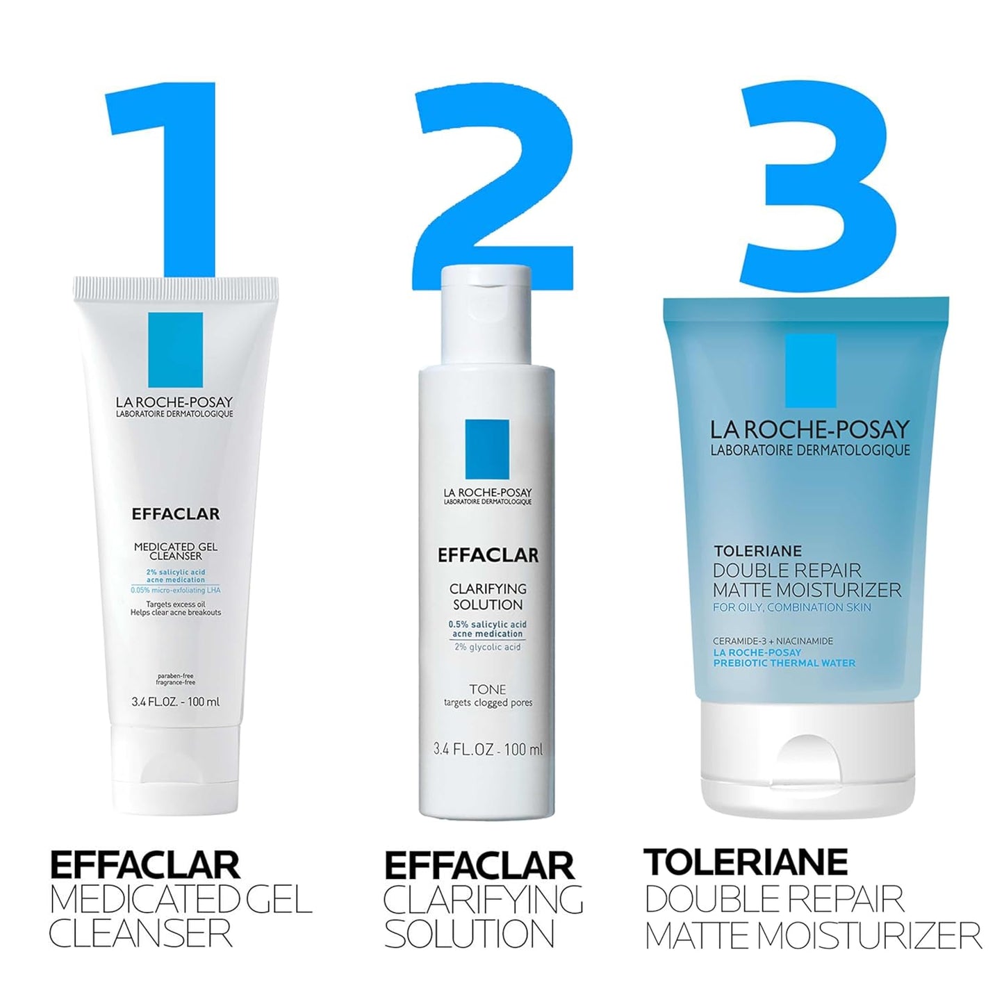 Effaclar Daily Acne Treatment Kit - Salicylic Acid Cleanser, Pore Refining Toner & Oil-Free Moisturizer | 2-Month Supply for Oily & Combination Skin