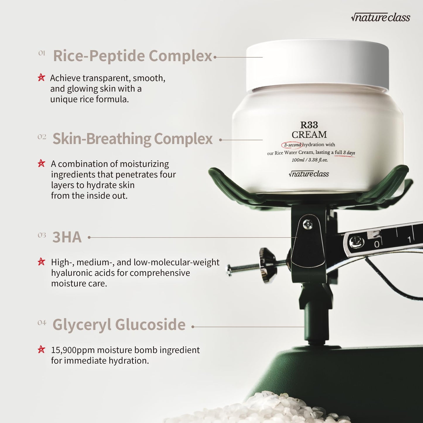 NATURECLASS R33 Rice Face Moisturizer Korean Skincare Glass Skin Squalane Niacinamide Hyaluronic Acid Barrier Cream Night Cream Dry Sensitive Skin Fragrance Free 100ml 3.38 fl oz