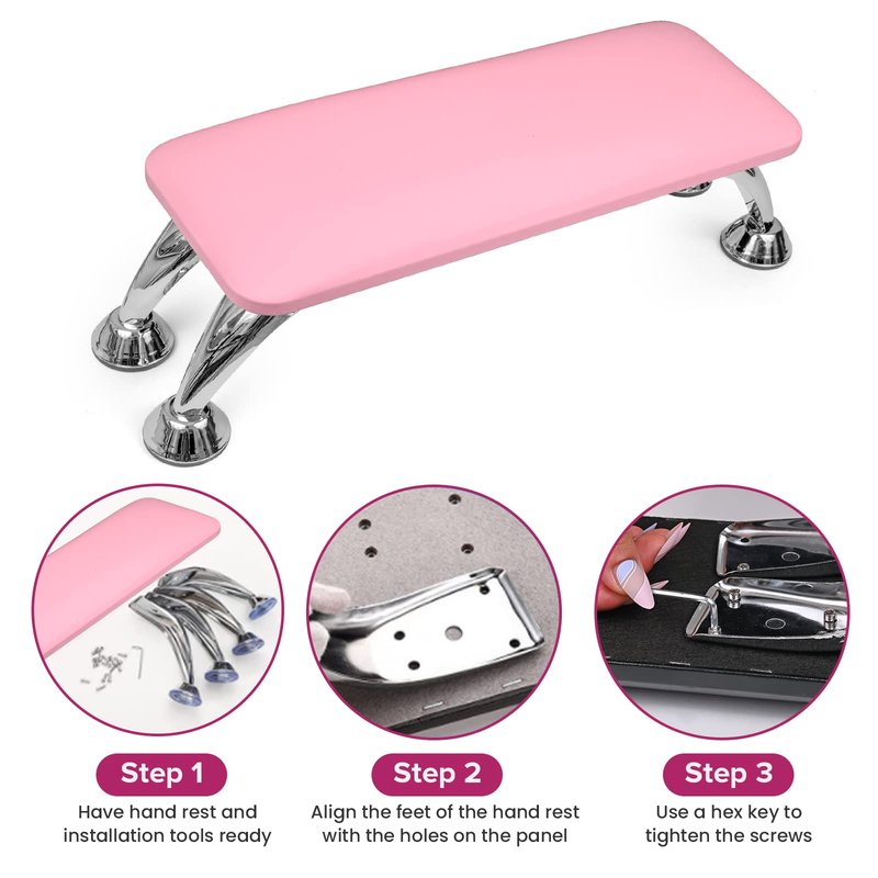 Arm Rest for Nails Tech, Easy Clean Nail Arm Rest, Reduce Back Pain for Nails Tech, Sturdy Support Armrest for Nails Fits UV LED Nail Lamp Underneath, Salon & Home Use (Pink)