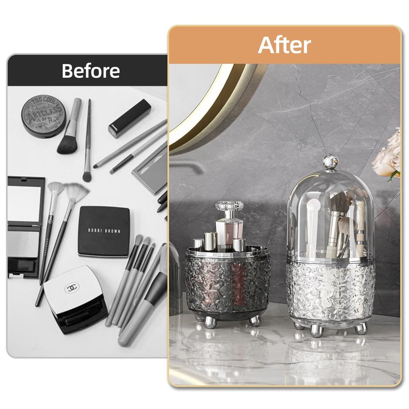 Makeup Brush Holder with Lid, 360° Rotating Makeup Brush Holder for Vanity, Dustproof Spinning Makeup Brush Organizer with Lid for Bathroom Countertop, Cosmetic Tools Organizer with Cover (Gray)