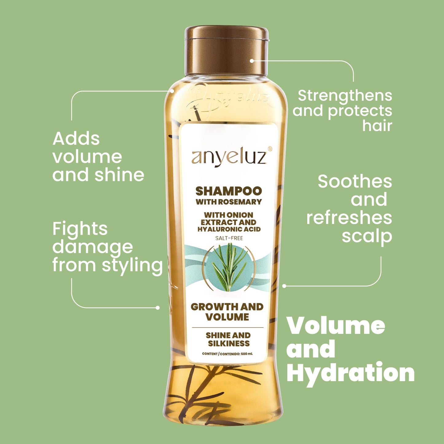 ANYELUZ Rosemary Shampoo for Stronger Hair with Hyaluronic Acid, 16.9 Fl Oz