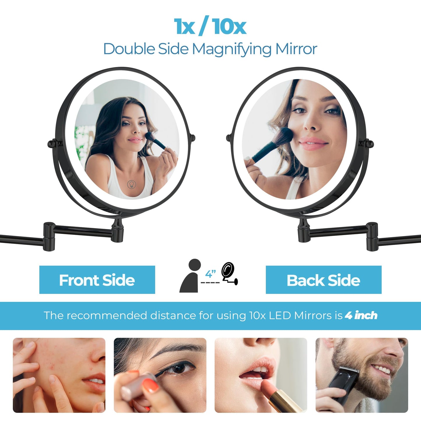 Fab Glass and Mirror 1X/10X Wall Mounted Makeup Mirror with Light, 8" Rechargeable 2000mAh Lighted Vanity, Double-Sided Magnifying Bathroom Touch Dimmable 3 Color LED 360 Rotation Foldable Arm Black
