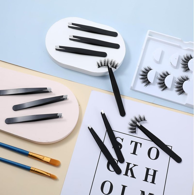 Professional Slanted Lash Tweezers - 64Pcs High Precision Stainless Steel for Eyelash Extensions & Ingrown Hair Removal