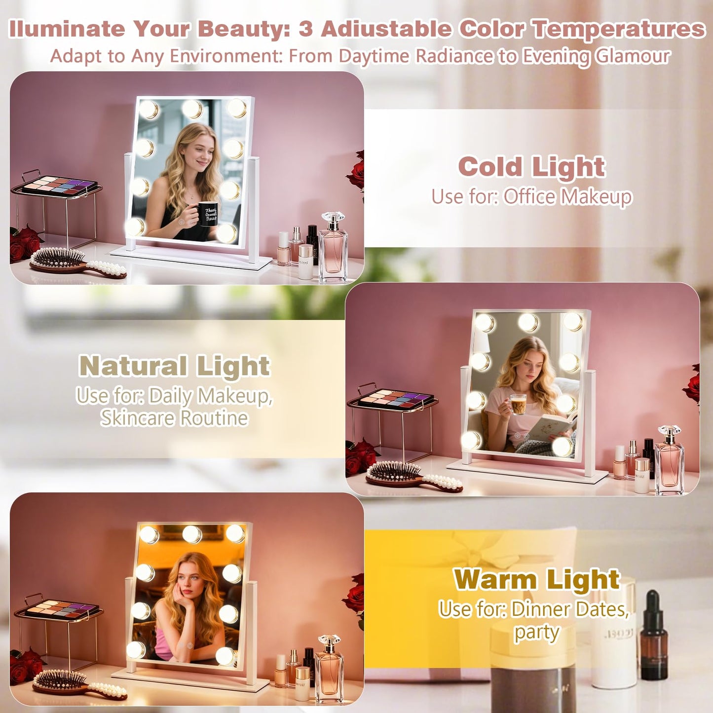 Vanity Mirror with Lights, Lighted Vanity Mirror with 9 Dimmable Bulbs for Dressing Room & Bedroom, 3 Color Lighting Modes, Detachable 10x Magnification 360°Ratation (White)