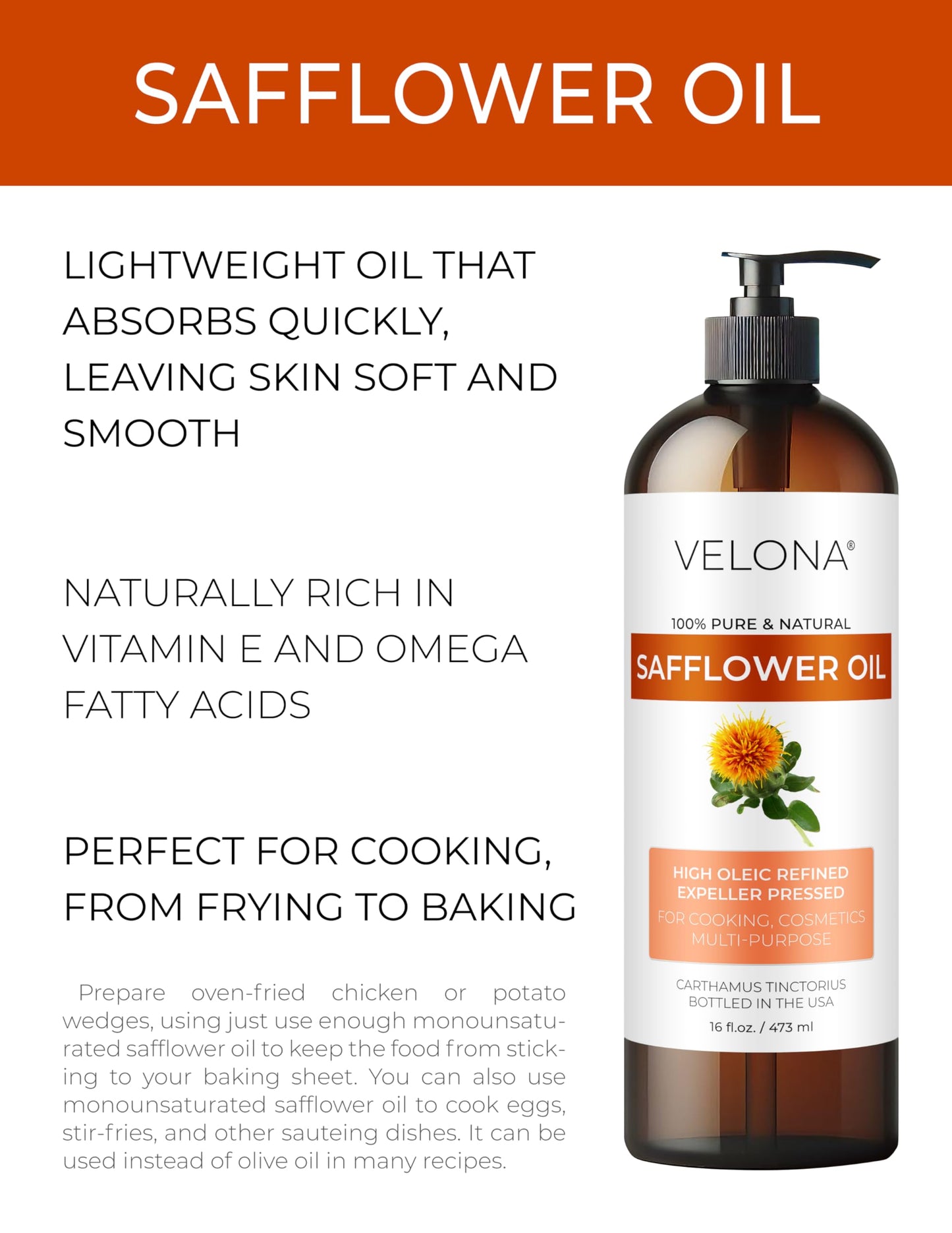 velona Safflower Oil 32 fl oz | 100% Pure and Natural Carrier Oil | Refined, Expeller Pressed | Cooking, Skin, Hair, Body & Face Moisturizing | Use Today - Enjoy Results