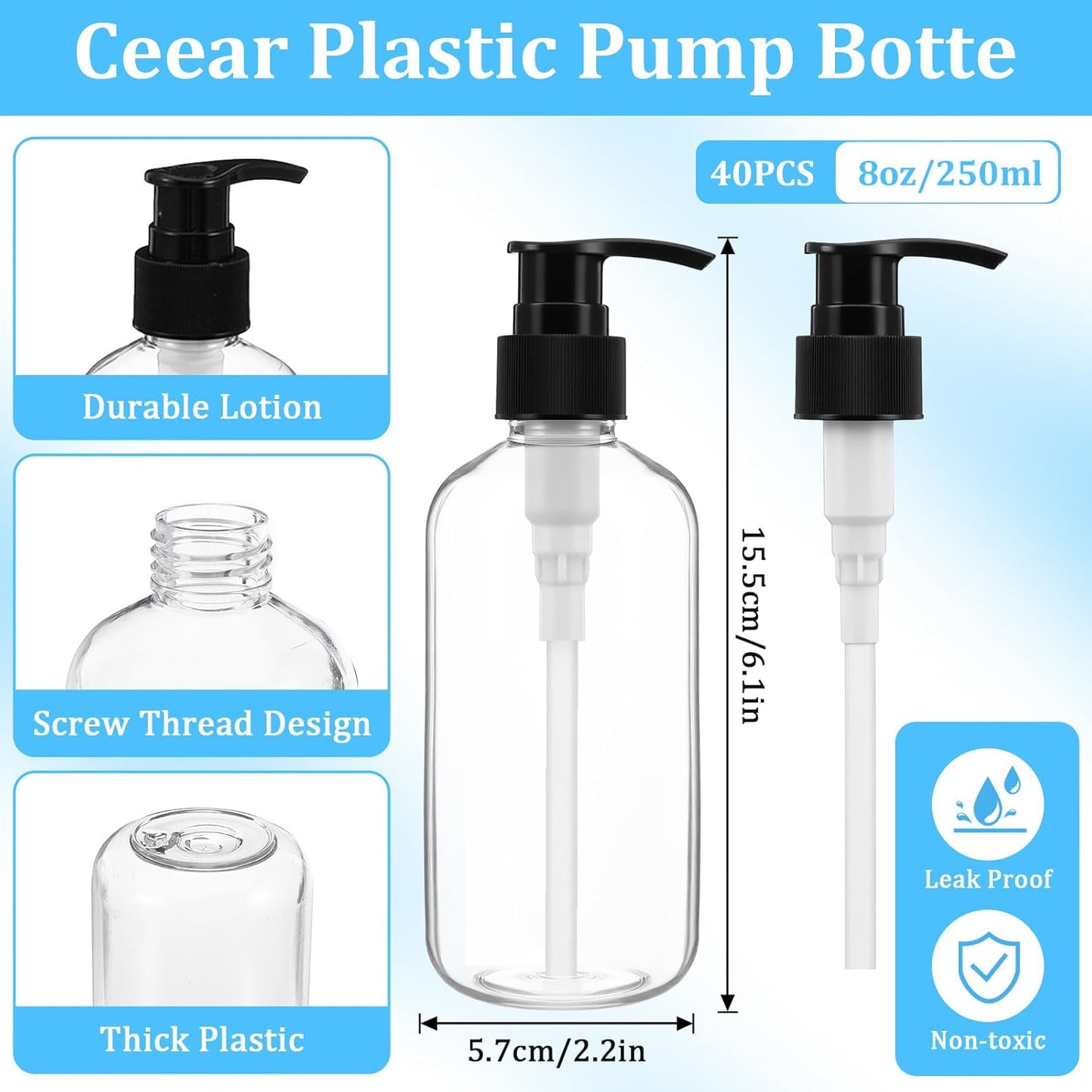 Clear Plastic Pump Bottles - 40 Pcs Refillable 8 oz Lotion Dispenser Set with Black Pumps & Funnels | Ideal for Shampoo, Body Wash, Cream & Liquid Soap