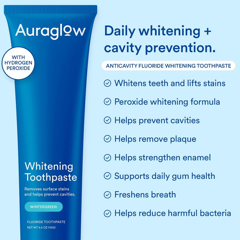 Auraglow Whitening Toothpaste, Hydrogen Peroxide Toothpaste with Fluoride, Whitens Teeth, Prevents Cavities, Strengthens Enamel for Adults, Kids Oral Care, Wintergreen Flavor, 4 oz (1 Pack)