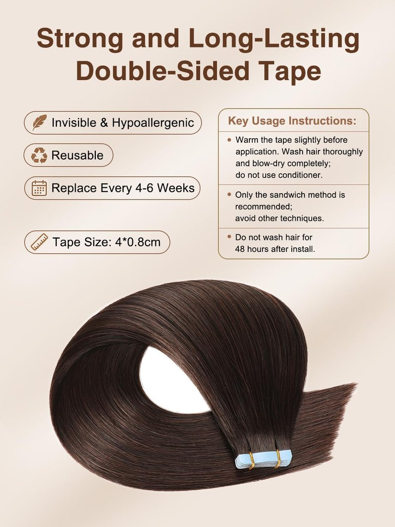 Tape In Human Hair Extensions - 16 Inch Silky Straight Remy Hair - 20 Pieces, #2 Dark Brown