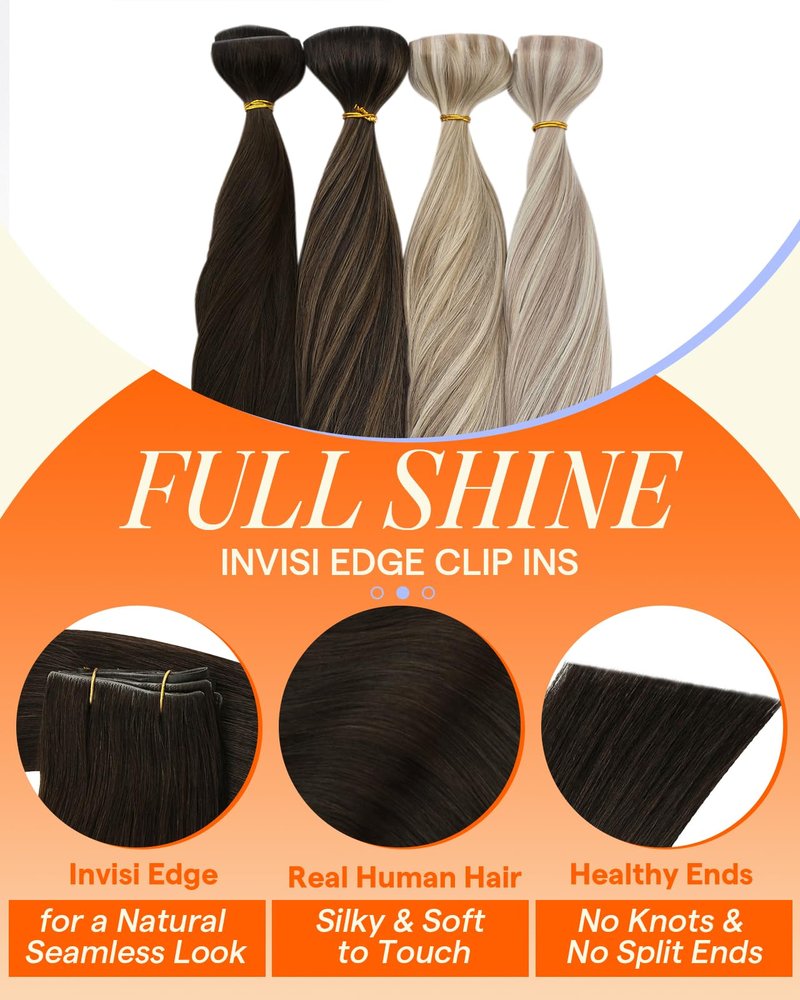 Full Shine Brown Wire Human Hair Extensions, Darkest Brown Hair Extension Clip In With Transparent Fish Line Straight Layered Hairpiece 14 Inch 80g