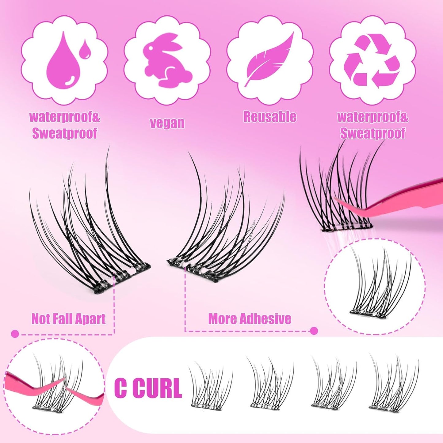 Self-Adhesive Eyelashes Kit - 120PCS Reusable No-Glue Wispy Lashes | 10-13mm C Curl with Tweezers & Remover